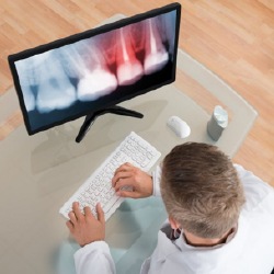 A dentist examining an X-ray.